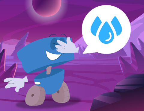 A 123 character covers its eyes while standing on an alien planet and announces that water is detected.