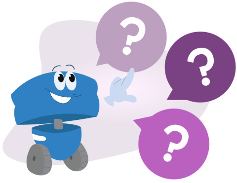 The 123 character looks upward questioningly, pointing to one of three word bubbles with question marks in them.