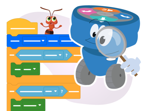 The 123 character investigates a block project through a magnifying glass while a bug character pops up beside the project.