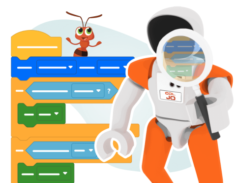 Colonel Jo investigates a block project through a magnifying glass while a bug character pops up beside the project