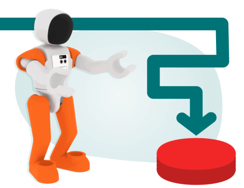 Colonel Jo points to a red disk on the ground beside them. Above their head a winding teal arrow path points to the disk.