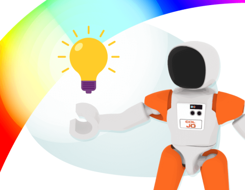 Colonel Jo holding a lightbulb in their hand, shining it over a spectrum of rainbow light above