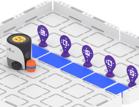 5 AprilTag IDs on a field. A robot is in front of the AprilTags and appears to be thinking about where to place a barrel.