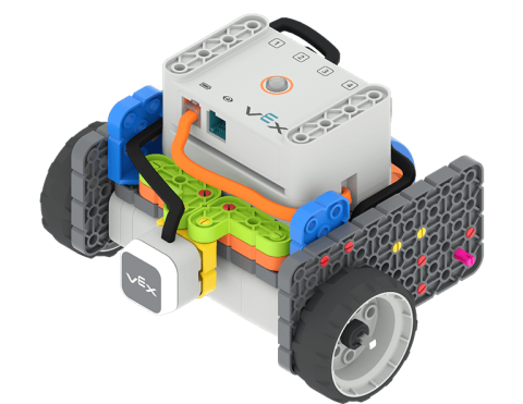 A Code Base 2.0 with the LED Bumper attached to the front of the robot sits on a 2 tile track with the back wheel against a wall, and the front of the robot facing the wall at the far end of the track, ready to start its shuttle run.